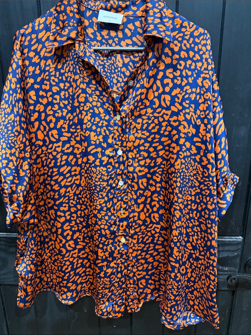 Adrienne Navy and Orange Leopard Print Button-Front Shirt